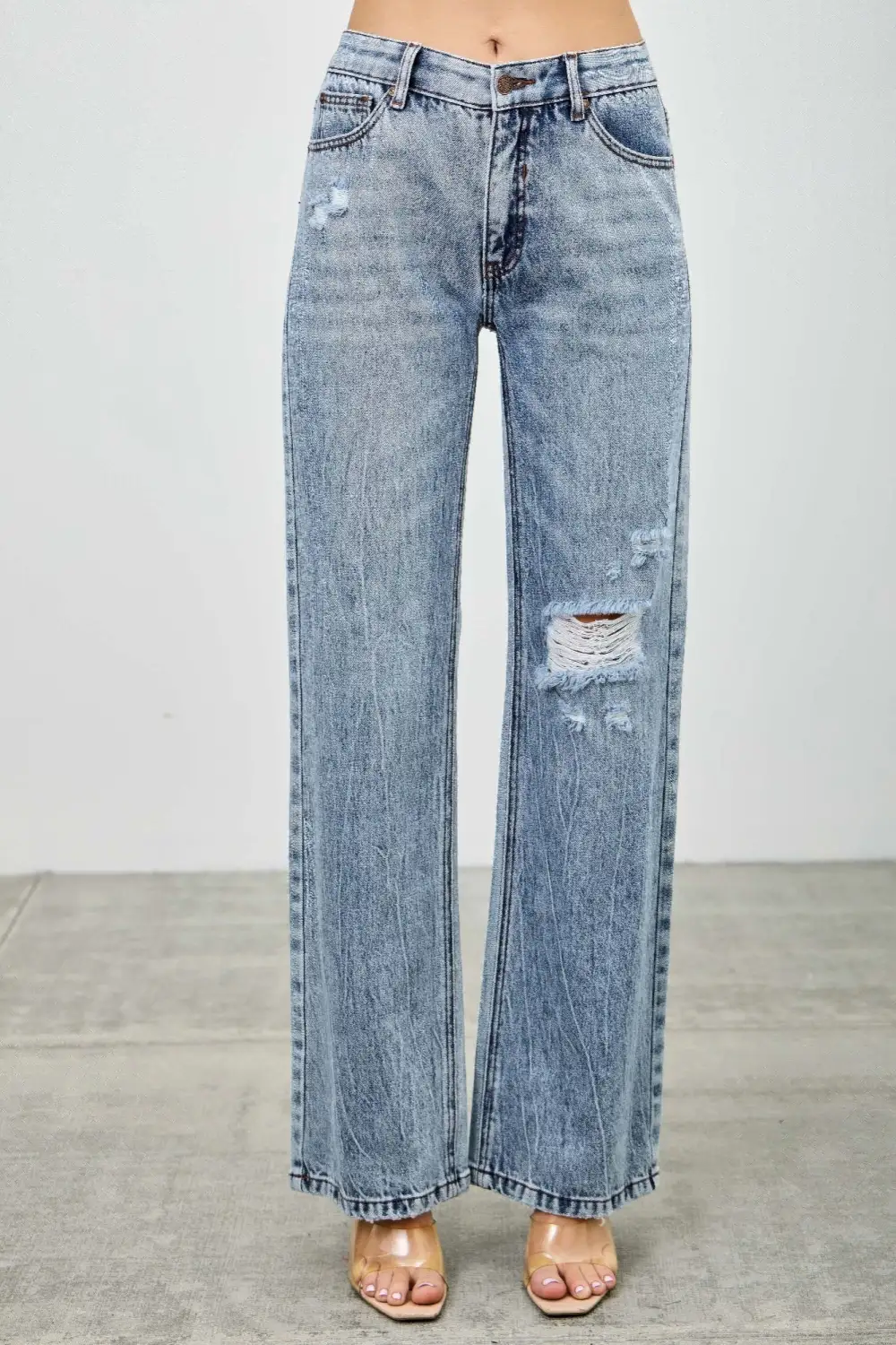 Mid-Rise Distressed Pocketed Stretch Straight Leg Jeans