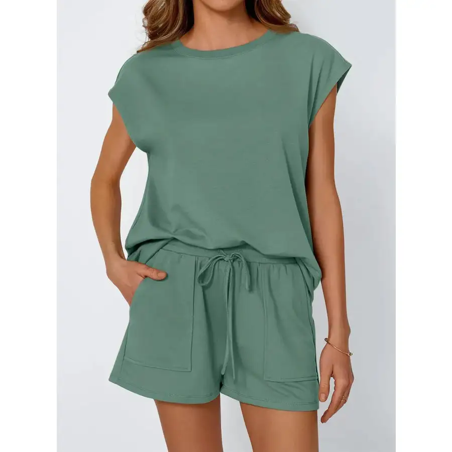 Round Neck Cap Sleeve Top and Shorts Set