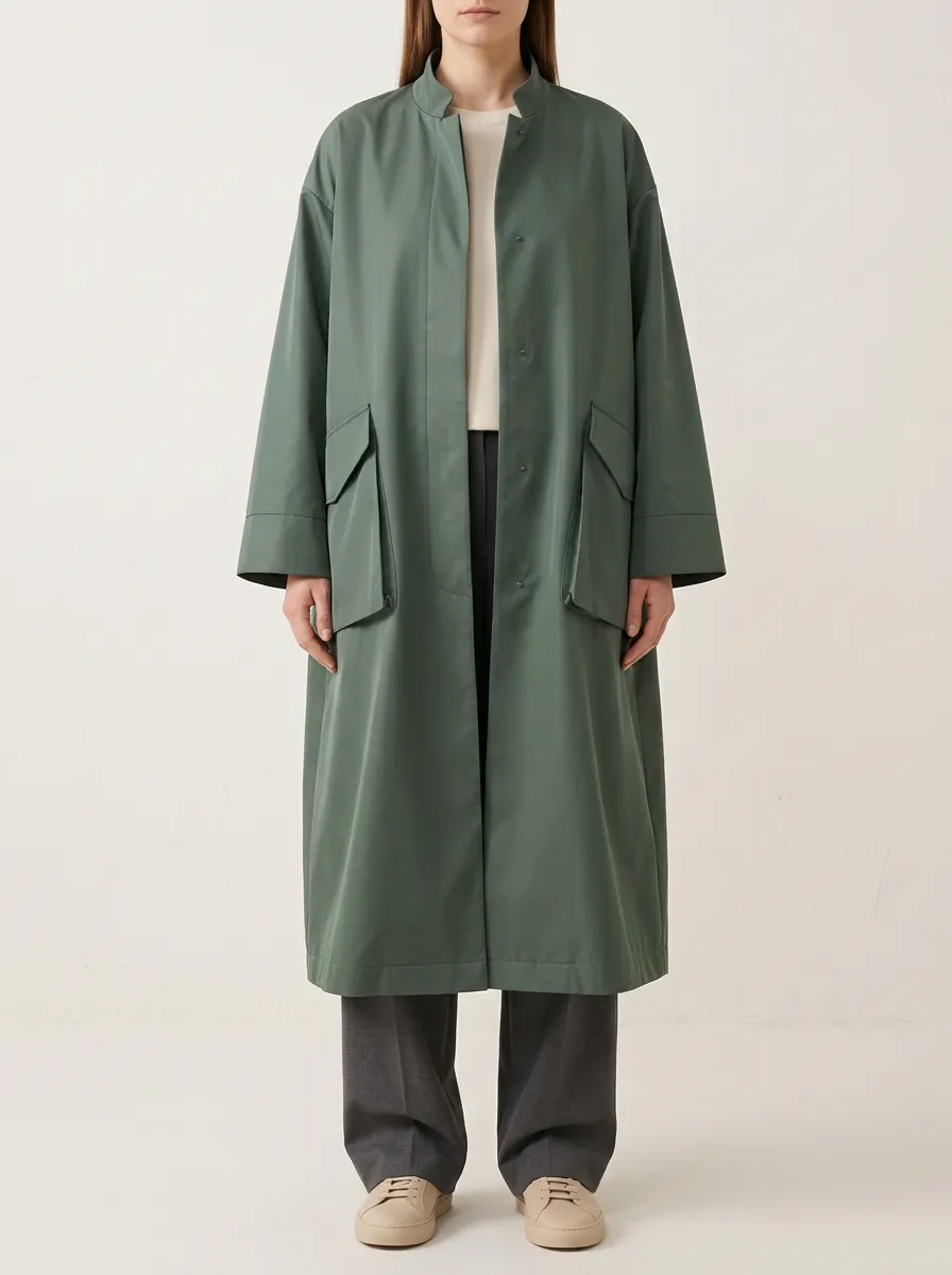 Sage Green Longline Stand-Collar Coat with flap pockets for Women