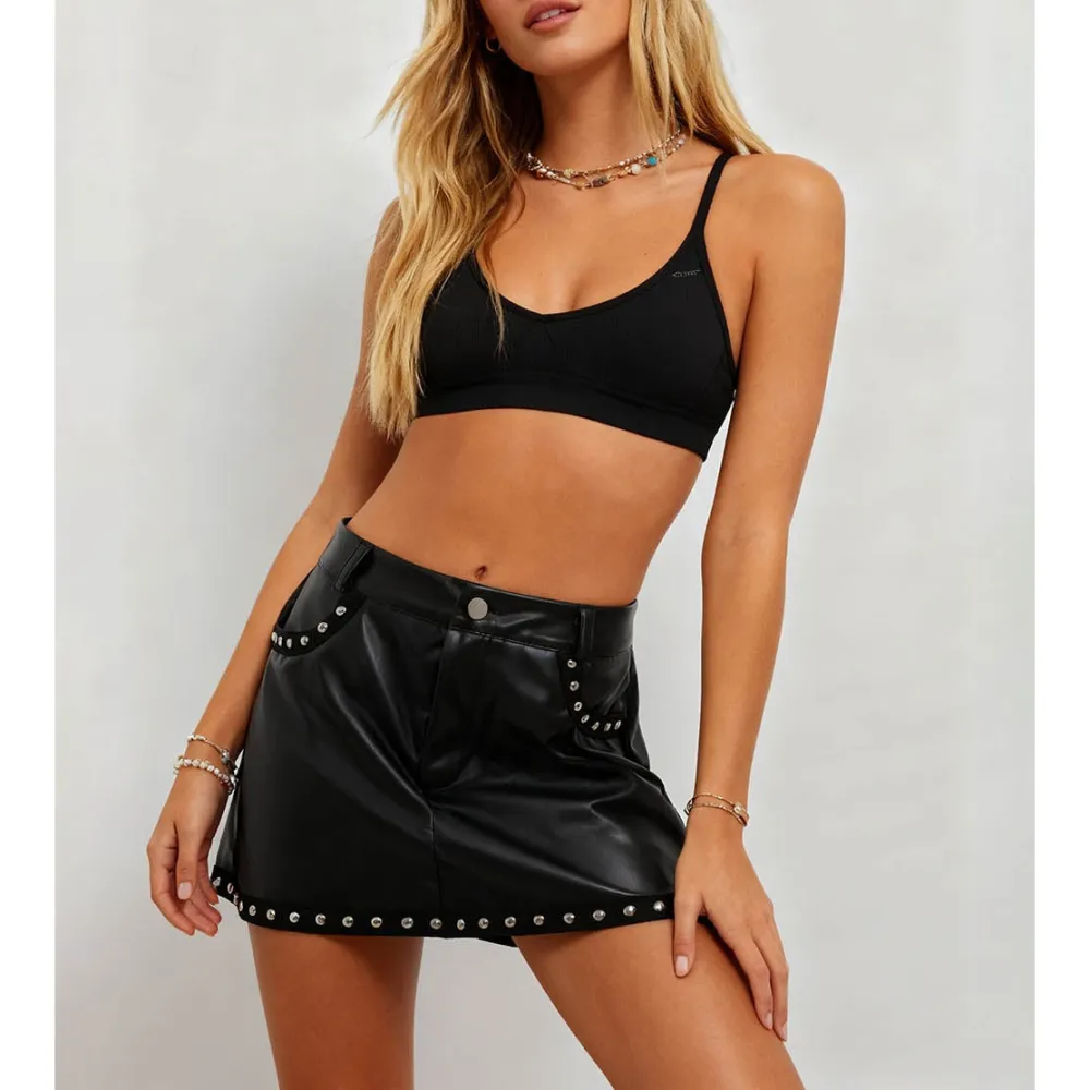 Faux Leather Metal Stud Zip Fly Pocket Mini Skirt
