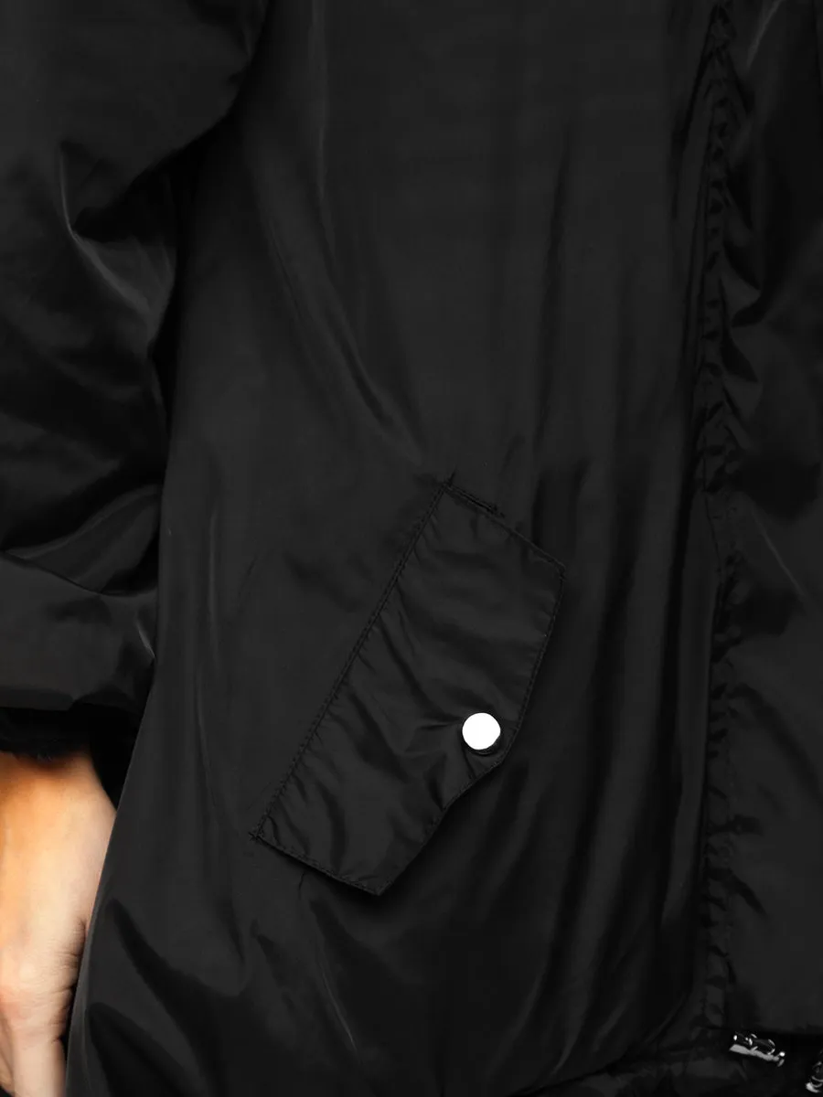 Black Women's Long Quilted Winter Jacket With Hood