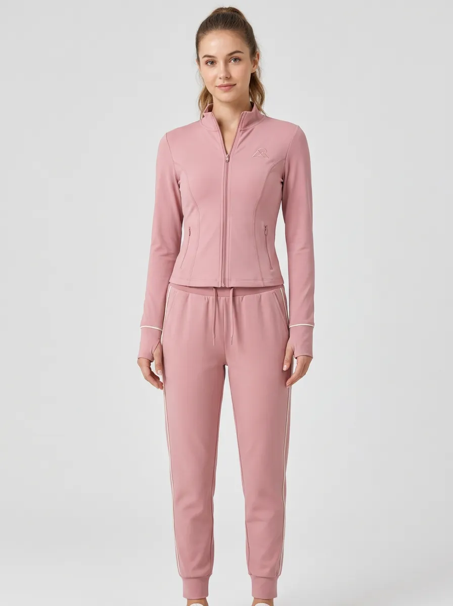 Women's Dusty Rose Piping Zip-Up Jacket & Jogger Set