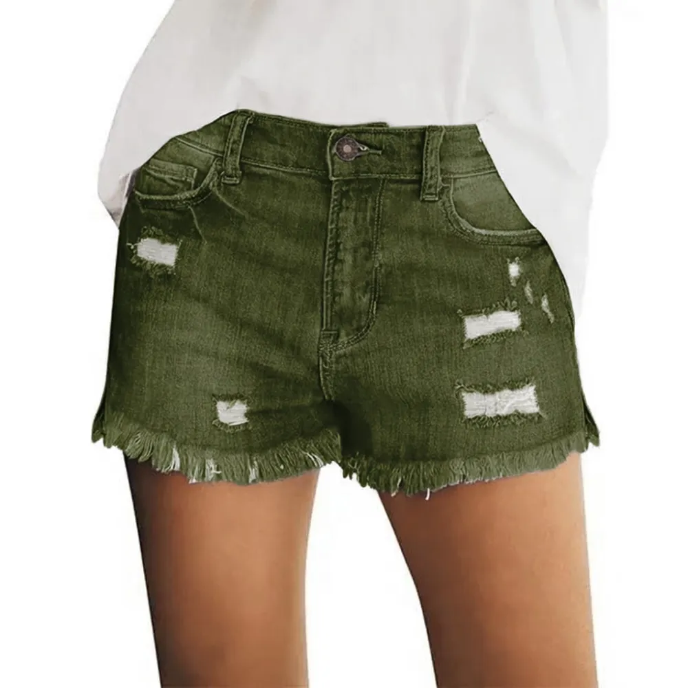 Women's Casual Mid Rise Denim Shorts Stretch Ripped Raw Hem Jean Shorts
