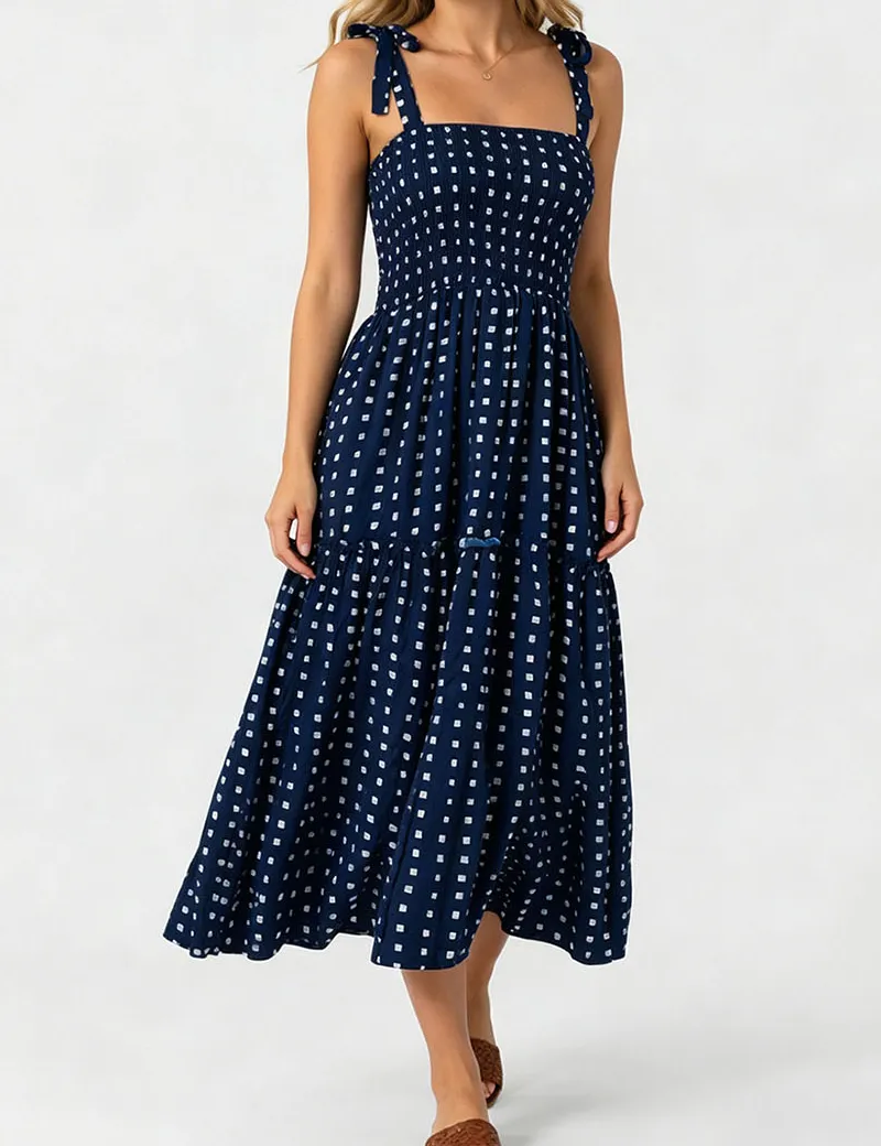 Abstract Smocked Strap Square Neck Midi Dress