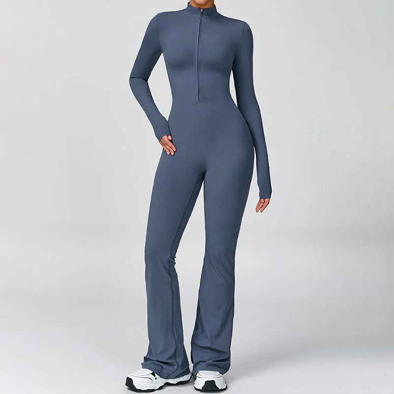 Half Zip Long Sleeve Flared Yoga Jumpsuit Set