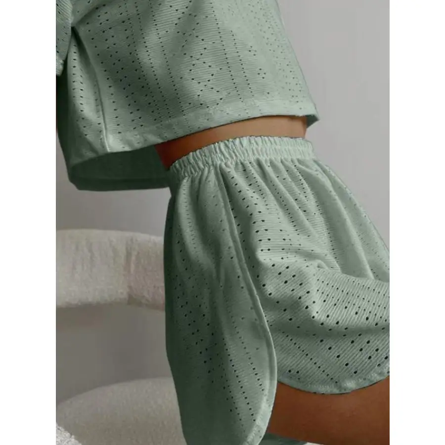 Eyelet Round Neck Top and Shorts Set