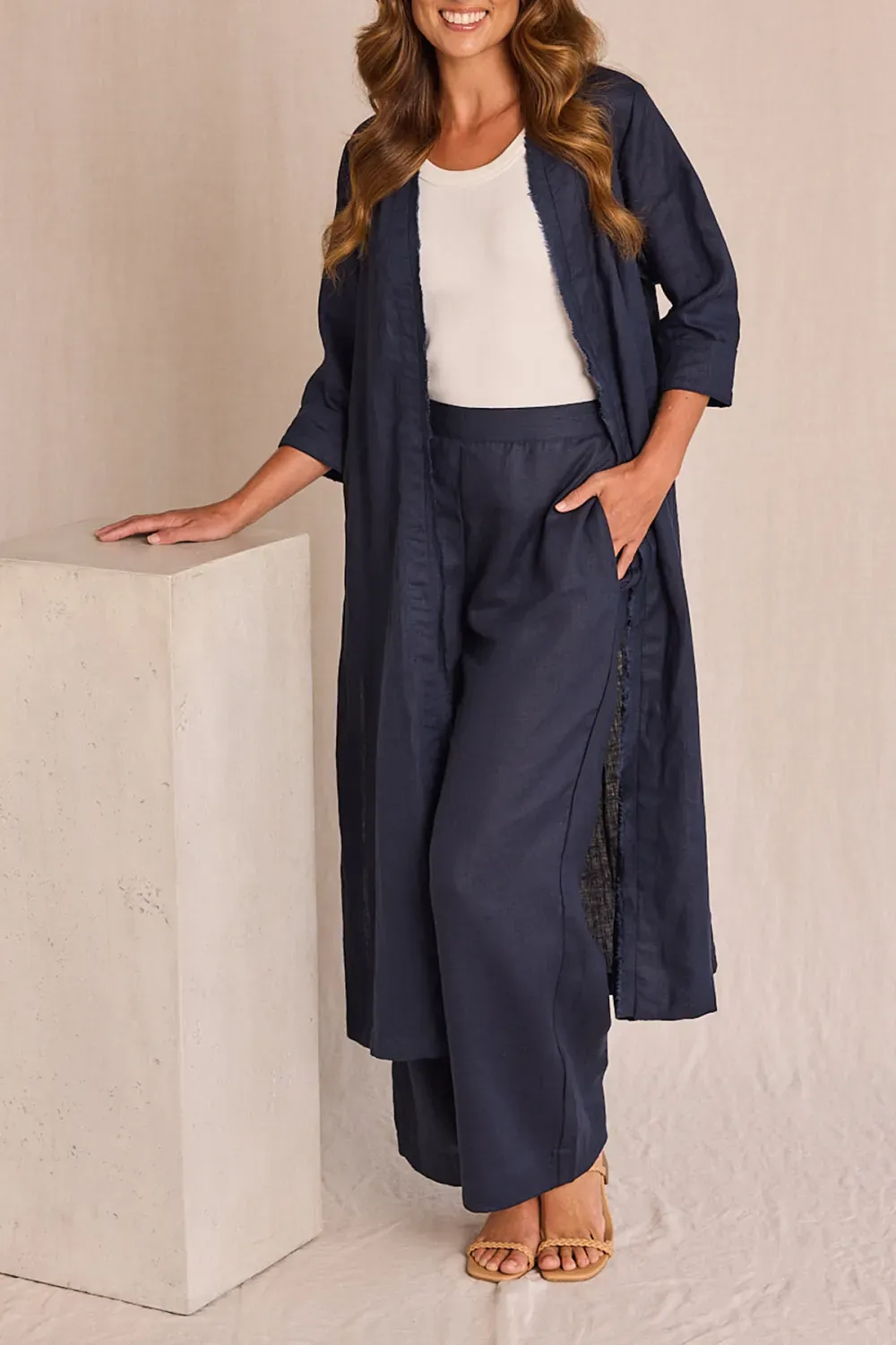 Long Line Fringed Linen Duster Jacket In Navy
