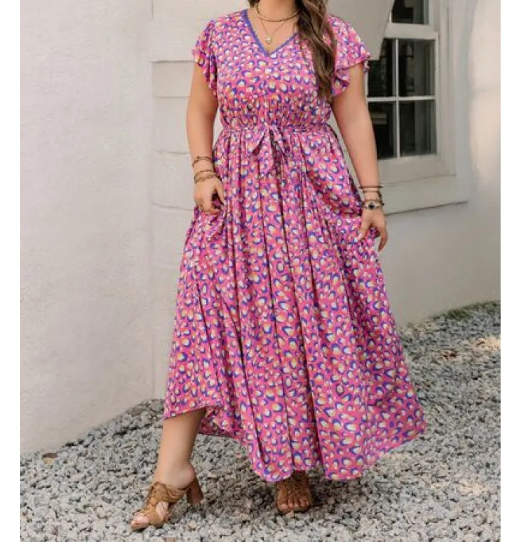 Relaxed Plus Size Printed V Neck Flutter Sleeve Tie Waist Maxi Dress