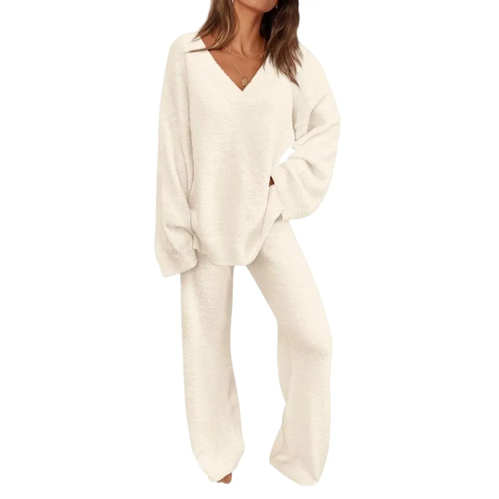 Women's 2-Piece Lounge Set Soft Chunky V Neck Tops& Wide Leg Long