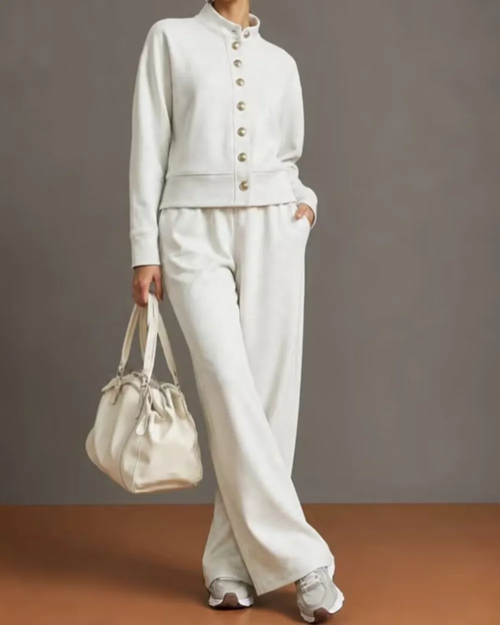 Button Cardigan and Wide-Leg Sweatpants Set
