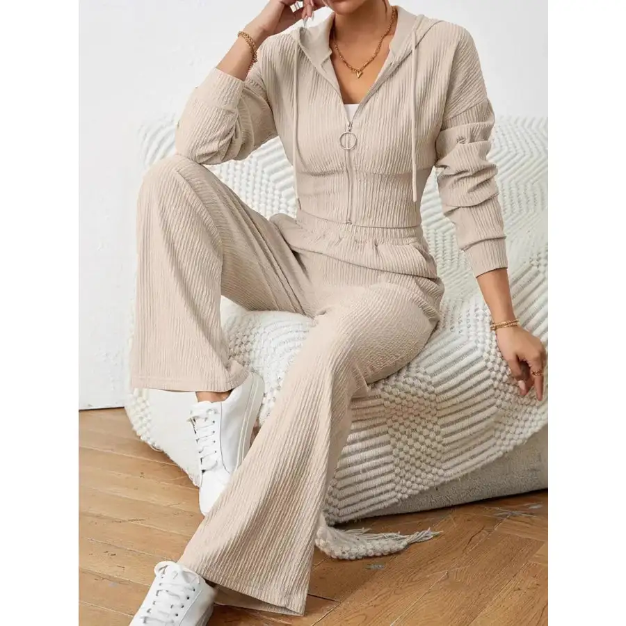 Drawstring Zip Up Hooded Top and Pants Set