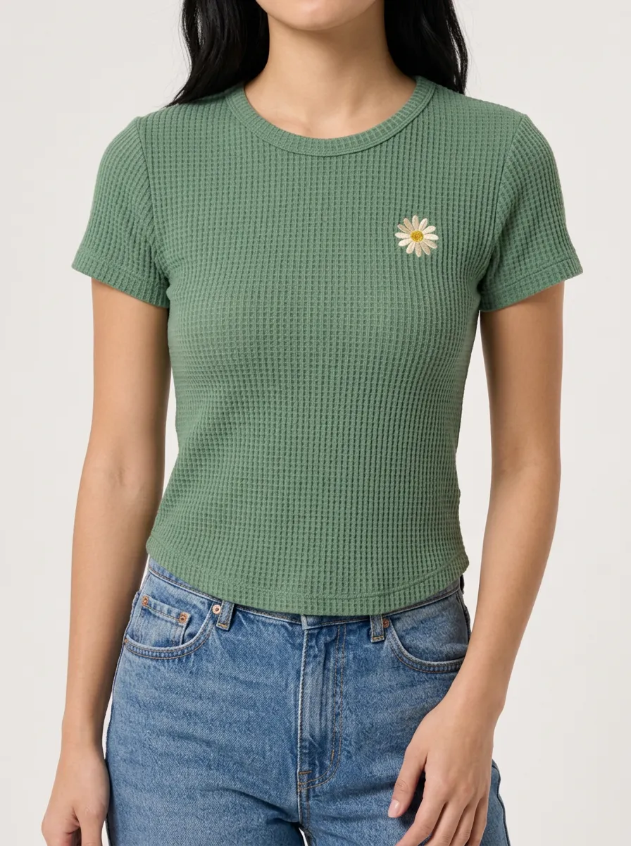Women's Green Daisy Flower Embroidered Waffle Knit Top
