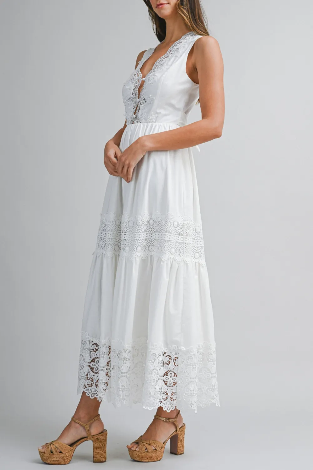 Sleeveless Lace Trim Back Tie Midi Dress