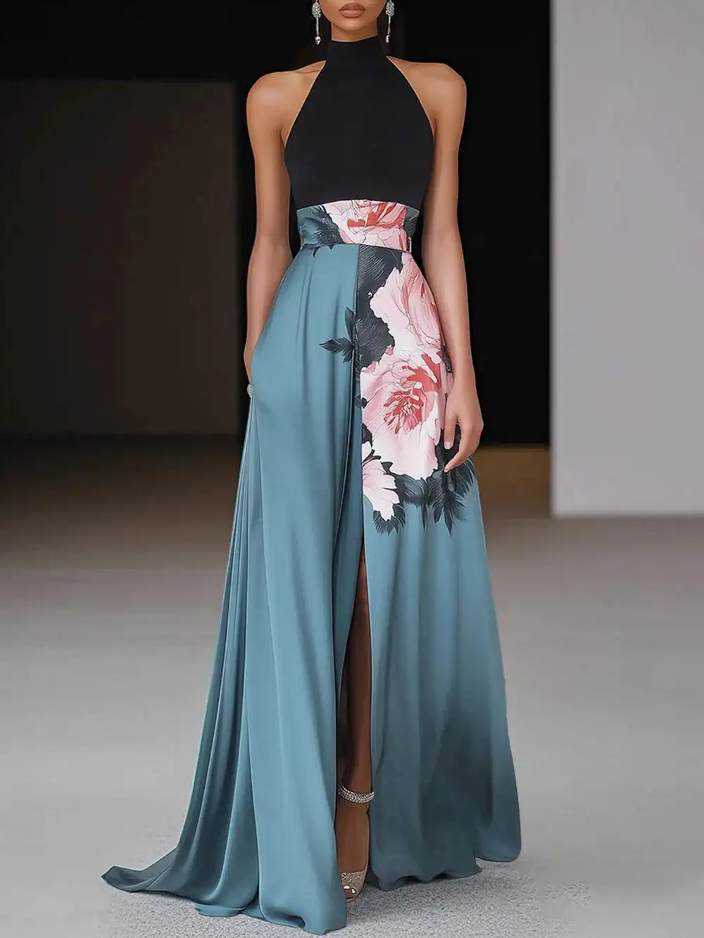 A Line High Neck Sleeveless Floral Maxi Dress