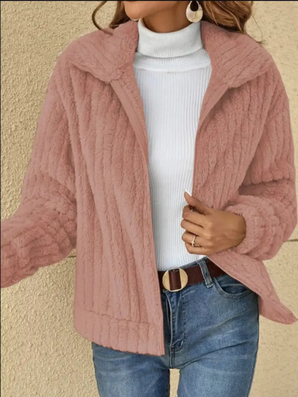 Full Size Zip-up Long Sleeve Texture Jacket Plus Size