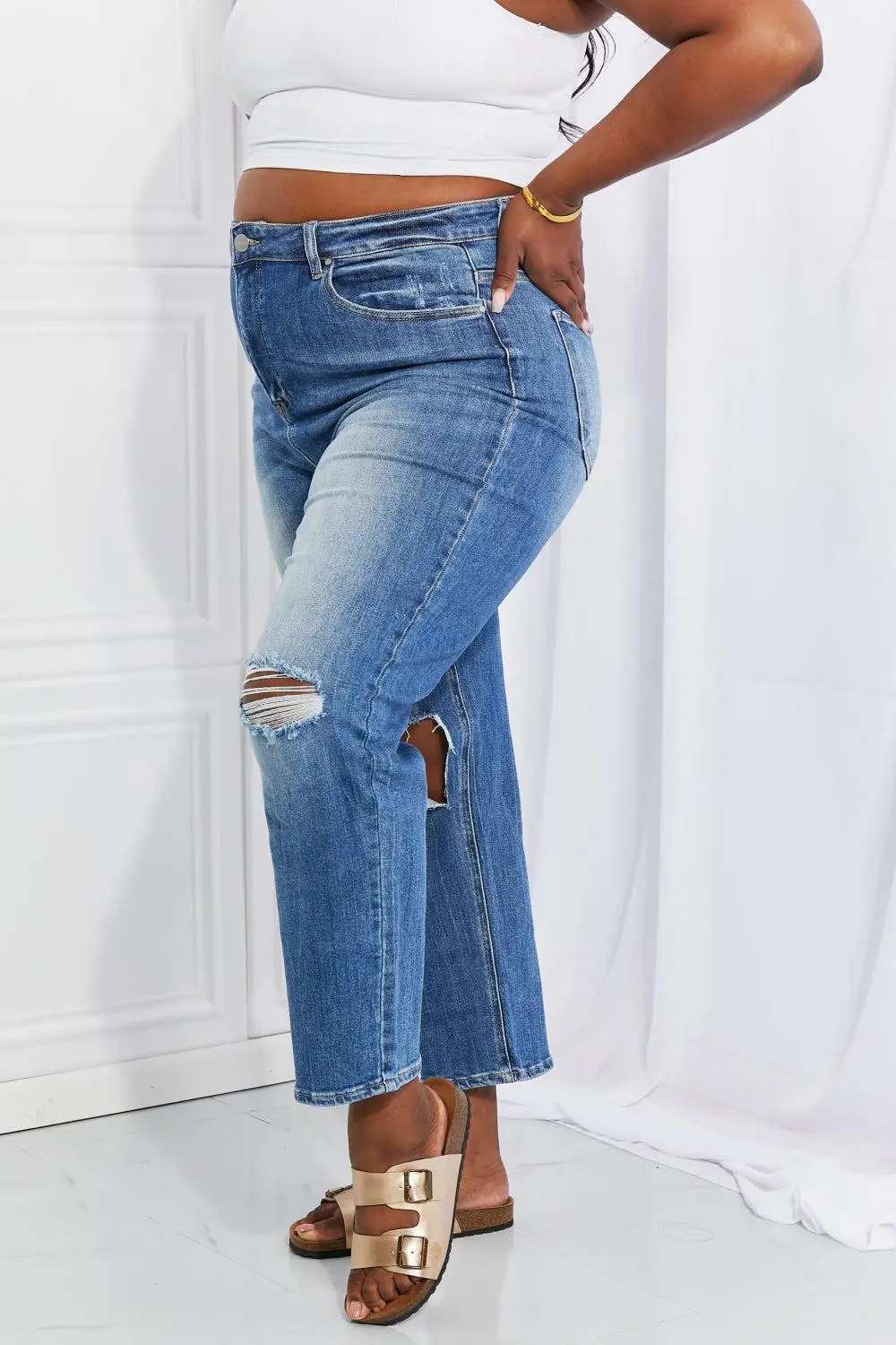 Pleated Straight Leg Denim Jeans