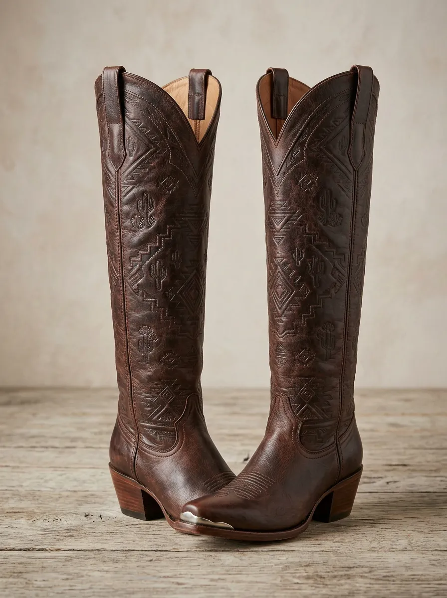Women's Western Cactus Geometric Embroidered Embossed Pointed-Toe Block-Heel Denim Over-the-Knee Boots
