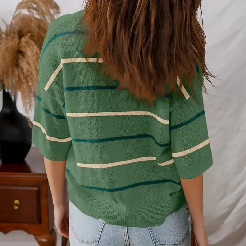 Women'S Short-Sleeved Striped Sweatshirt For Spring And Summer