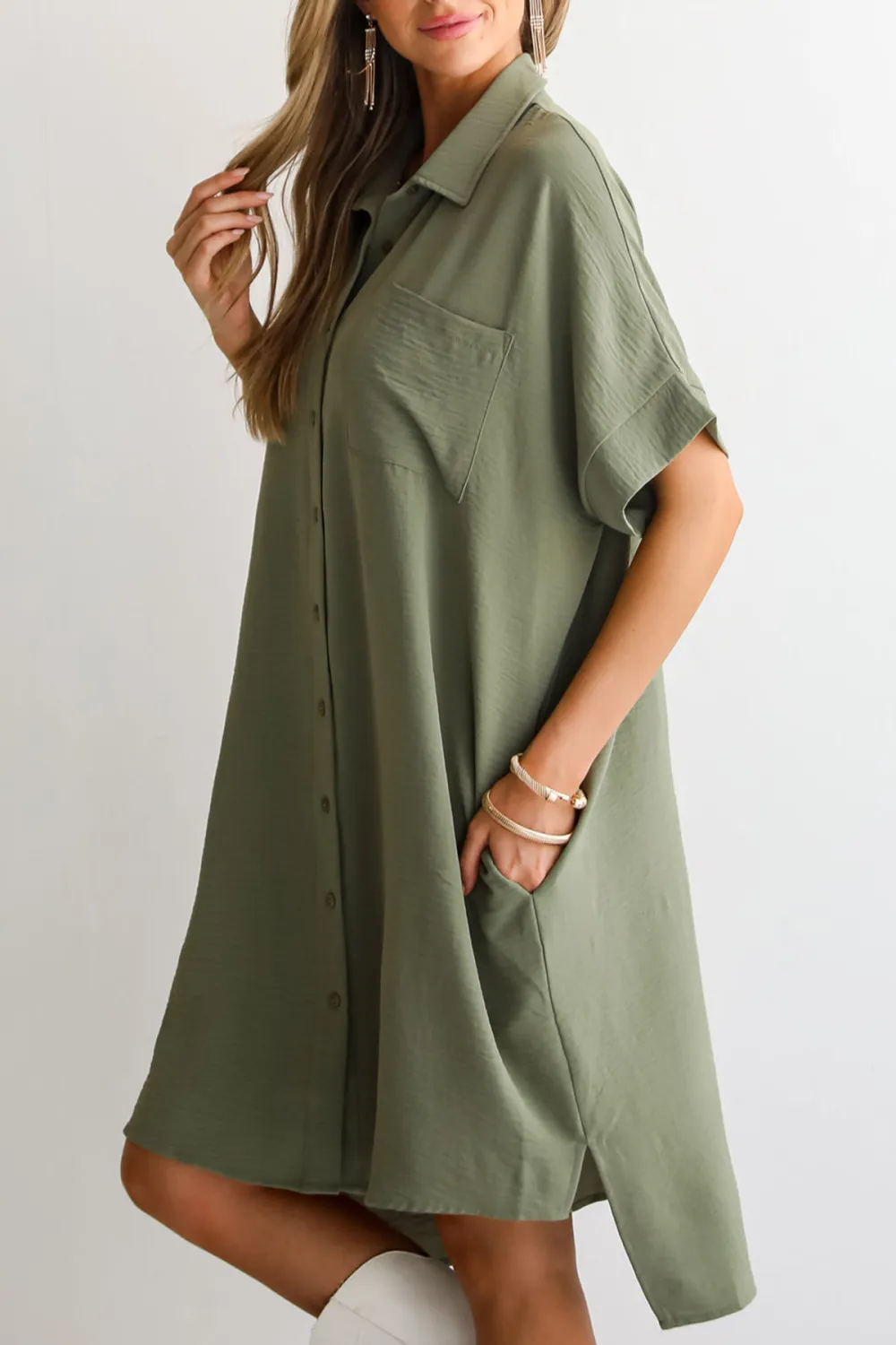 Green Button Front Midi Dress