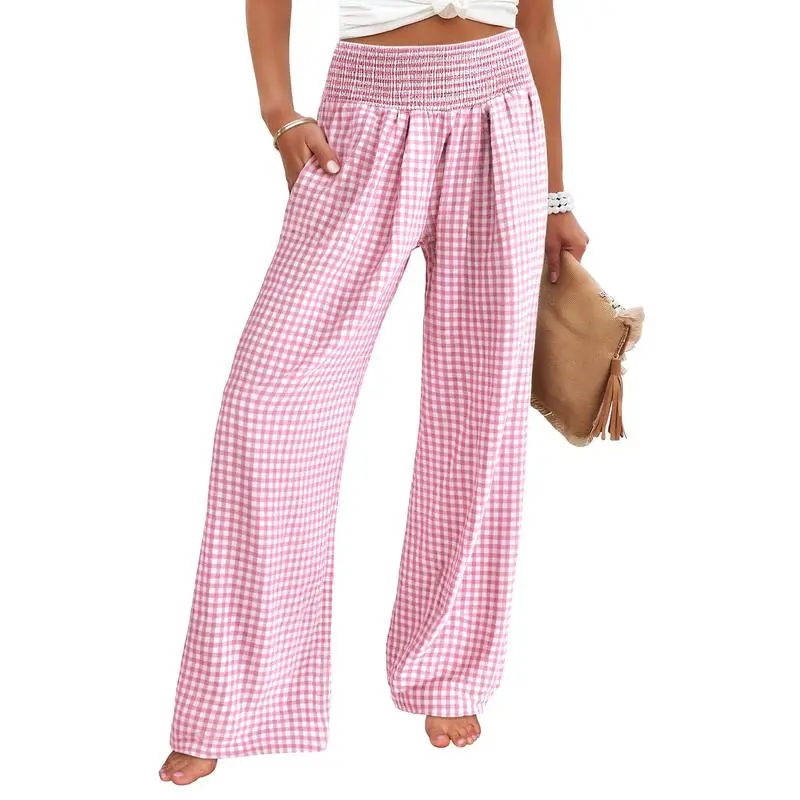 Women's High-Waisted Casual Striped And Checkered Wide-Leg Pants