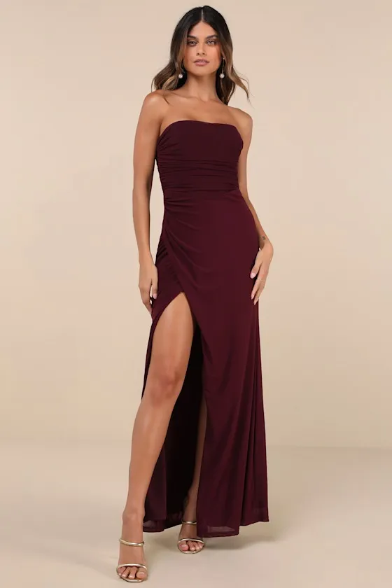 Epitome of Allure Brown Mesh Strapless Ruched Maxi Dress