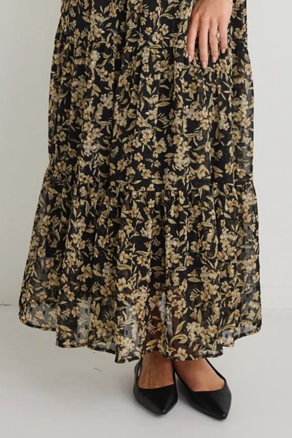 Black Gold Floral V - Neck Tiered Dress
