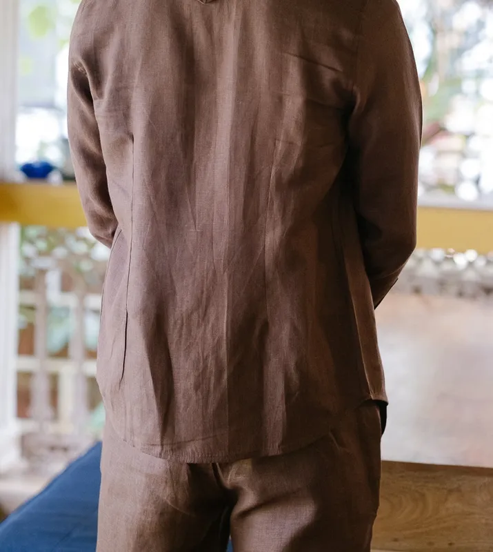 Brown Linen Button-Up Shirt