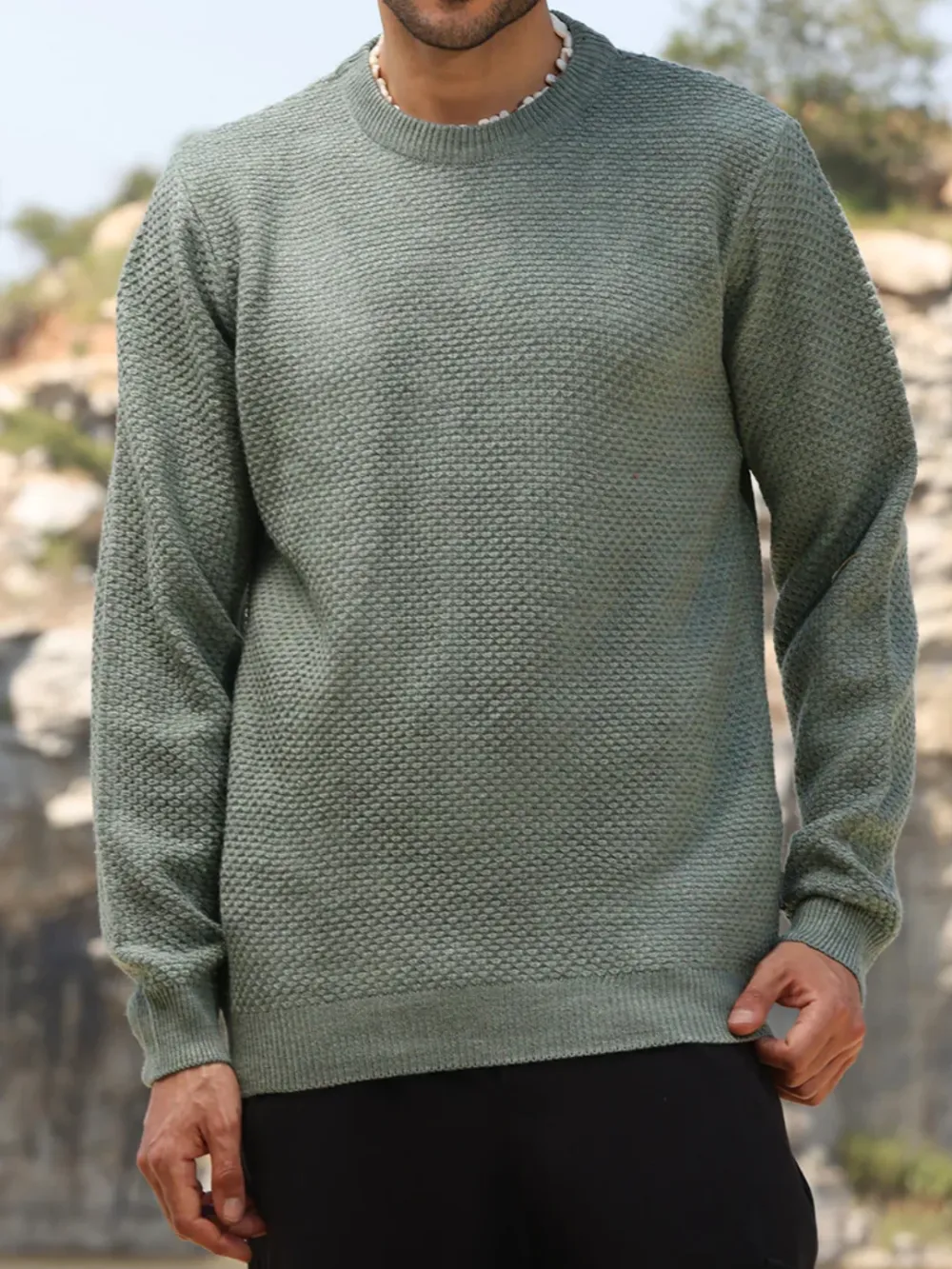 Green Textured Knit Pullover Sweater