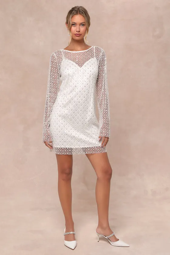 Glowing Charisma White Sequin Pearl Mesh Long Sleeve Mini Dress