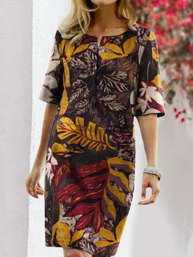 Women's Printed Split Round Neck Half Sleeve Vintage Dress