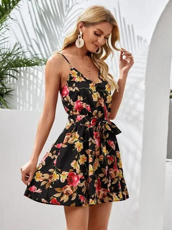 Women Self Belted Floral Cami Dress
