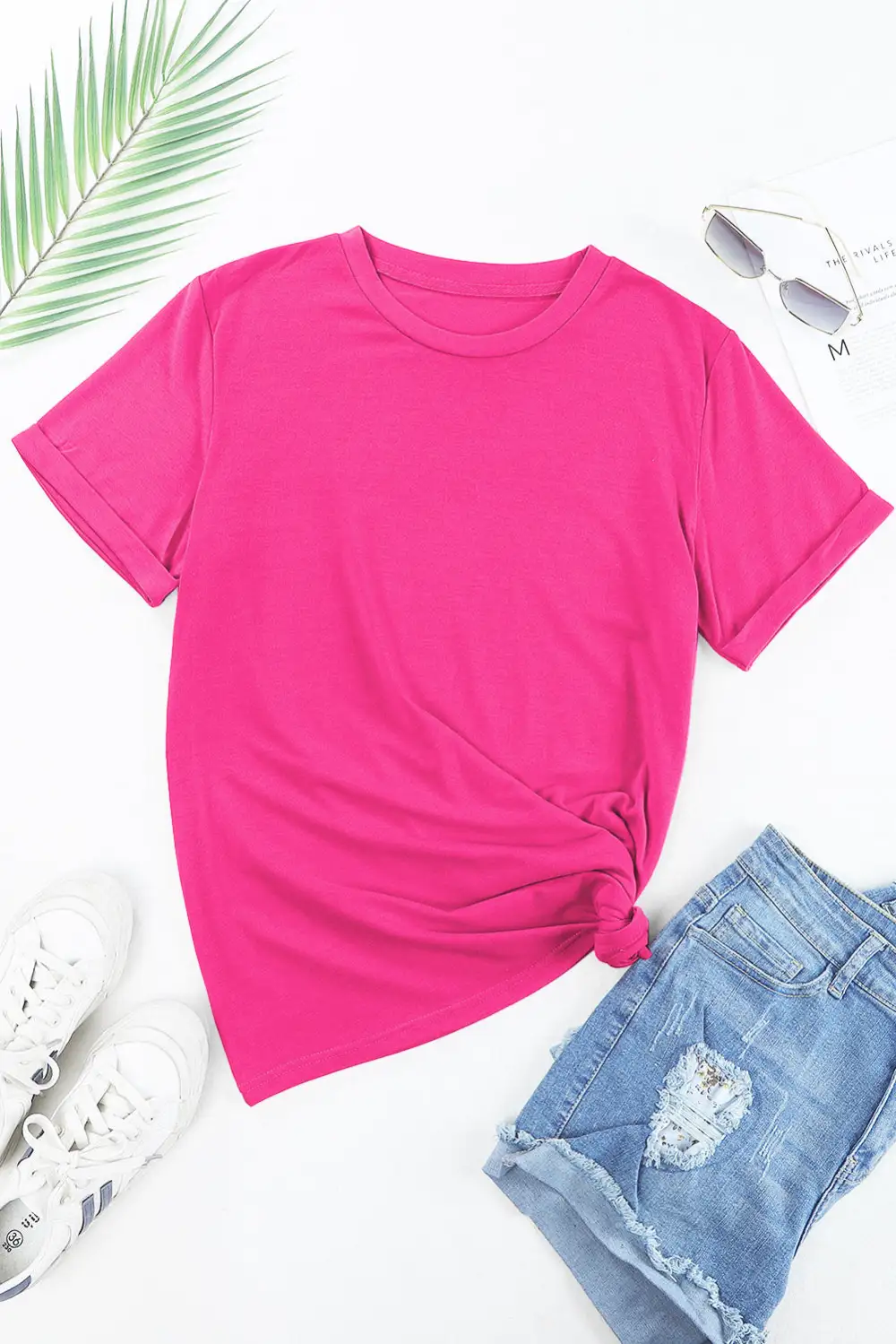 Rose Red Casual Plain Crew