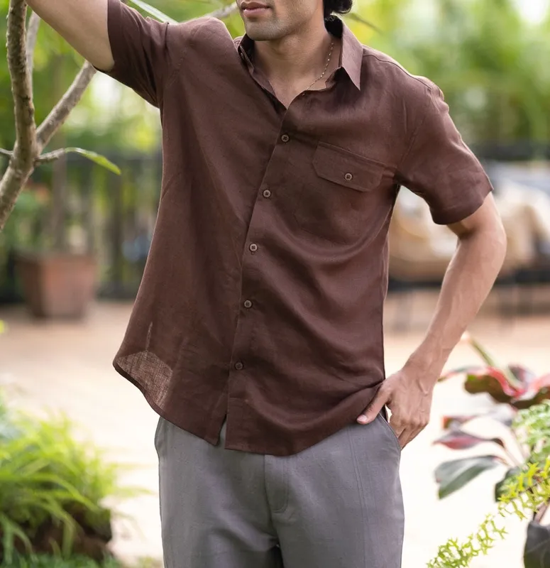Brown Short Sleeve Linen Shirt
