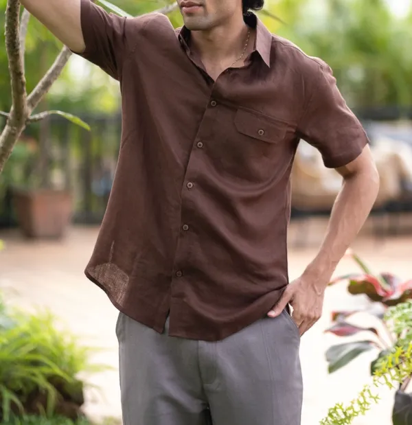 Brown Short Sleeve Linen Shirt