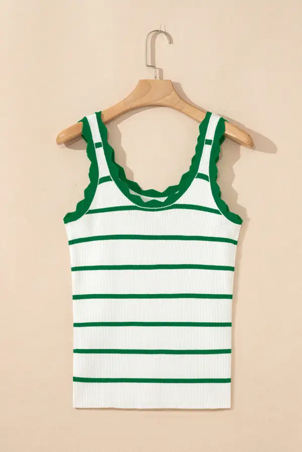 Striped Scalloped Edge U-Neck Viscose Sweater Vest