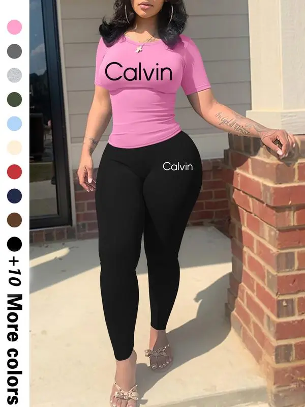 Calvin Letter Printing Women’s Casual Two-Piece Set Trendy Crop Top & Shorts | Lightweight Fabric | Effortless Summer Comfort