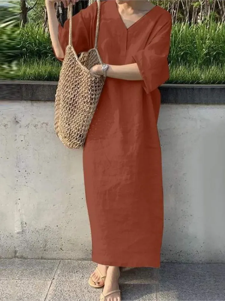 V-Neck Short Sleeve Linen Blend Maxi Dress