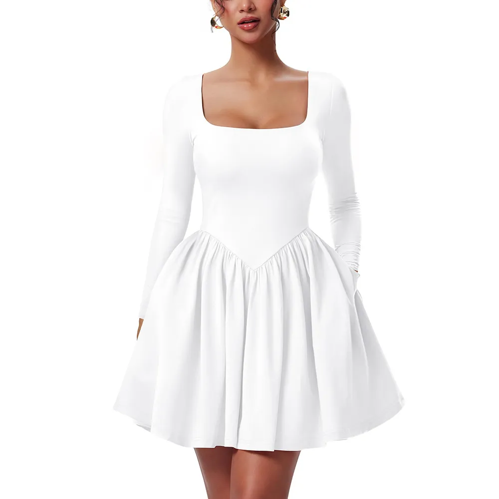Women'S Square Neck A Line Dress With Pockets