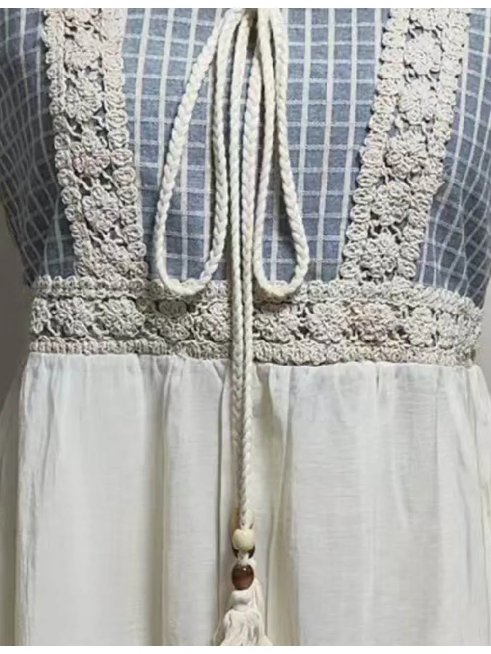 Checked Lace Crochet V Neck Puff Sleeves Tiered Midi Dress