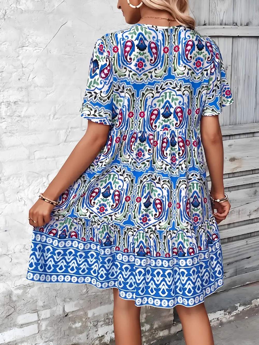 Boho-Print V-Neck Loose Fitting Mini Dress