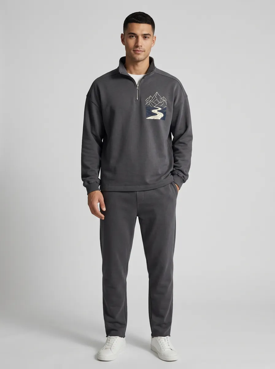 Men's Outdoor Mountain River Graphic Quarter-Zip-Neck Sweatshirt