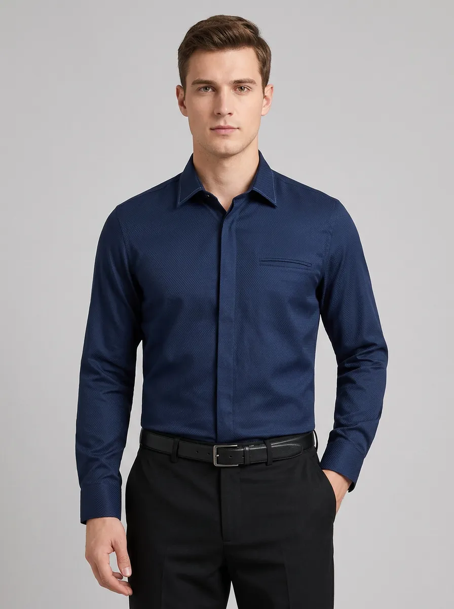 Men's Business Casual Navy Blue Textured Pattern Long Sleeve Shirt