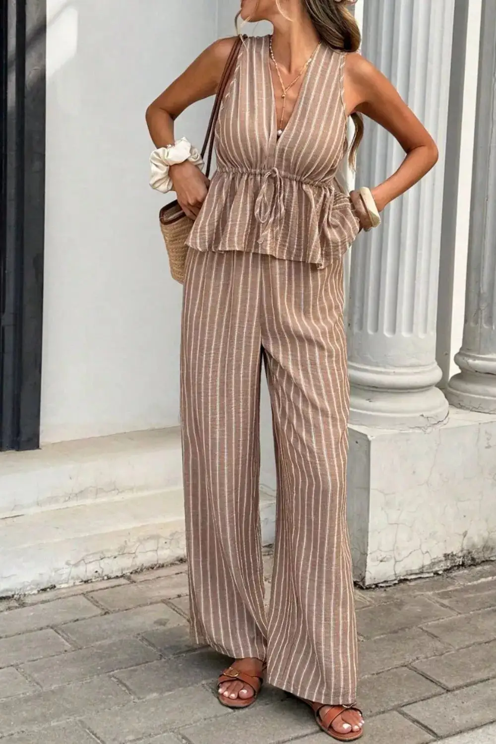 Textured Striped Sleeveless Top and Wide Leg Pants Set