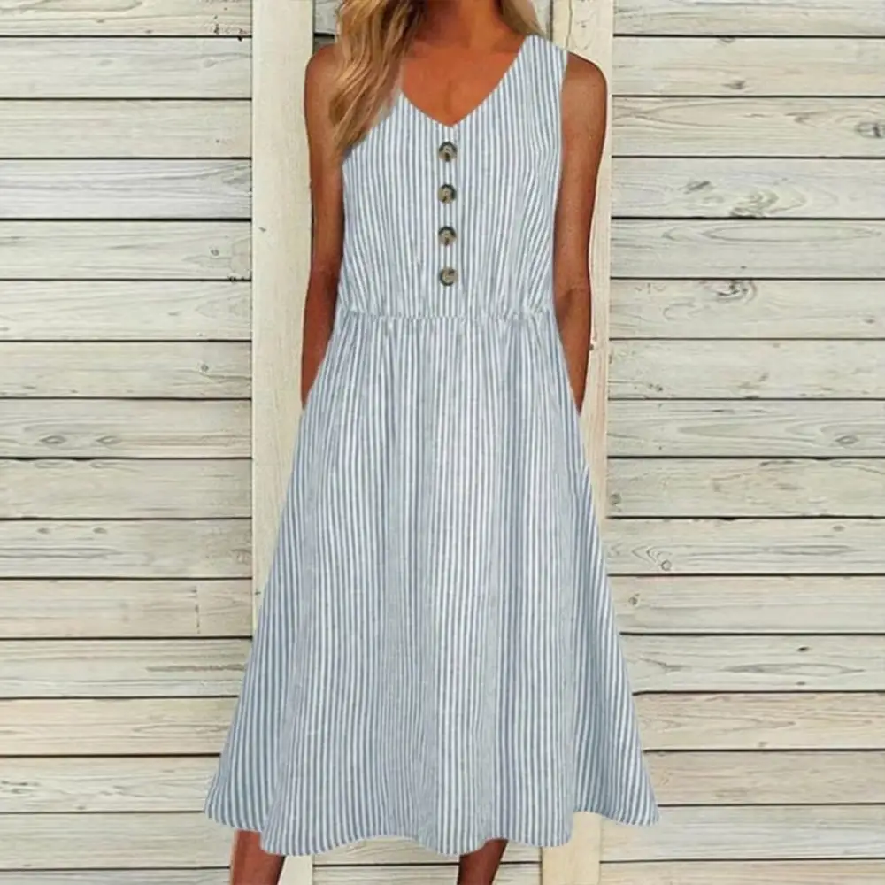 Modern Sleeveless Side Pocket Print Midi Dress