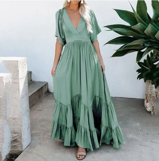 Bohemian Solid Color Long Dress Waist Trimming Fashion Skirt