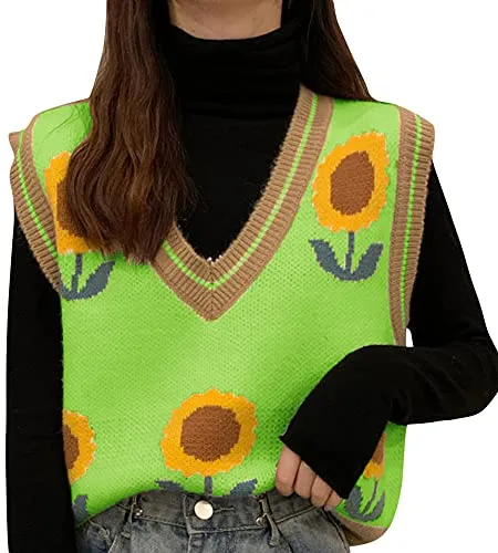 Women V Neck Sweater Vest Y2K 90s Floral Pattern Knit Tank Top Sleeveless Knitwear Black