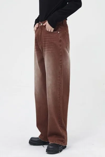 Refined Washed Pocketed Stretch Wide Straight Jeans