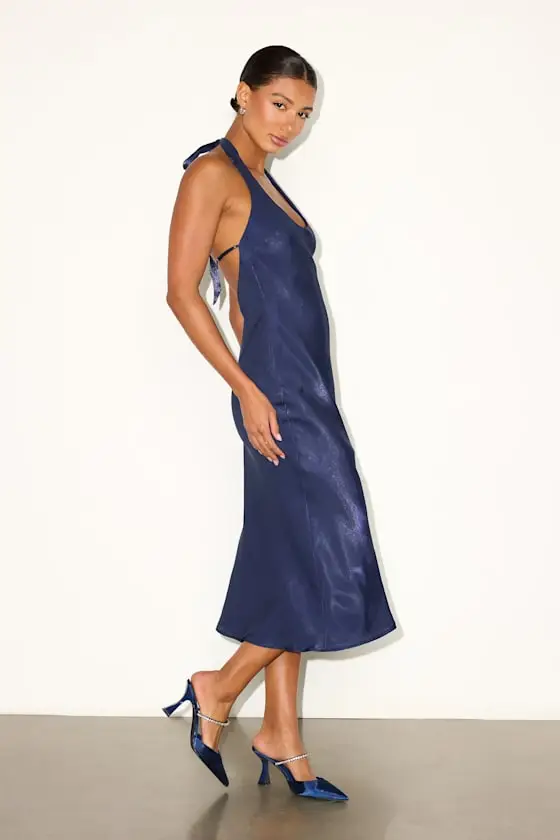 Olandria Navy Blue Halter Midi Slip Dress