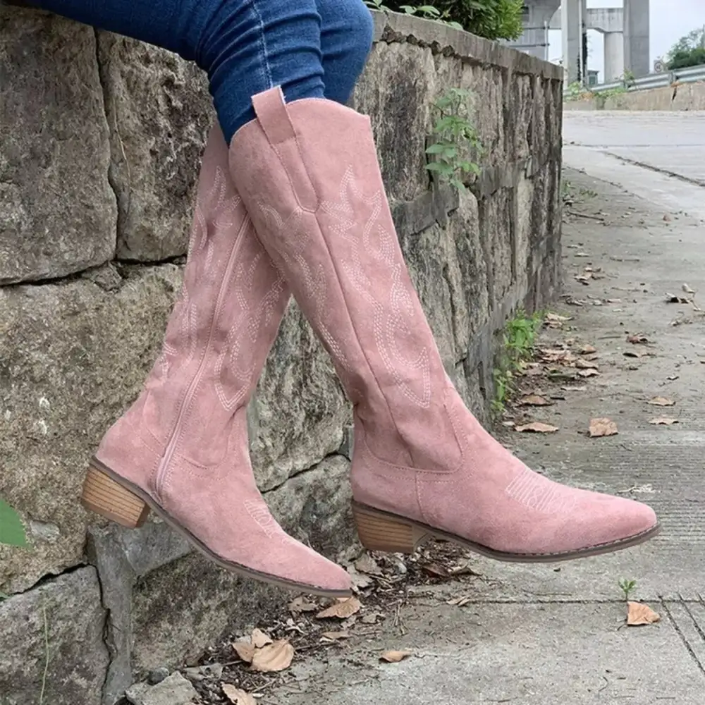 Smocked Point Toe Block Heels Boots