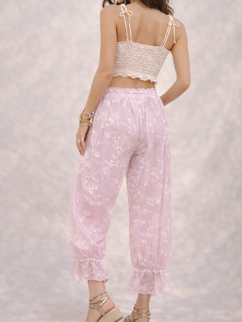 Lace Hem Flocked Elastic Waist Lantern Pants